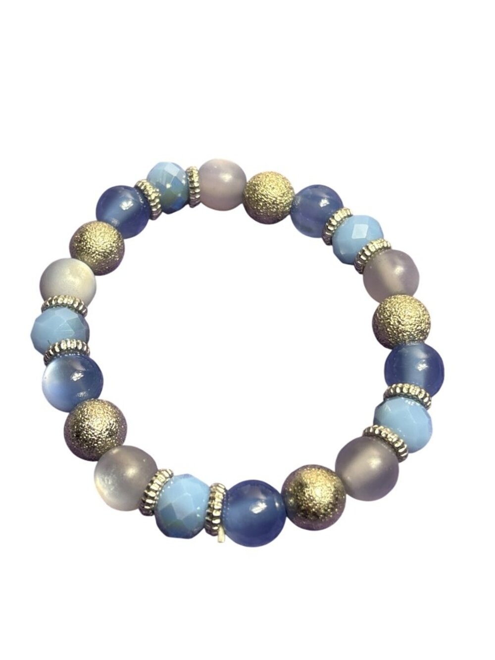 Plastic Beaded Stretchy Bracelet Blue Moonglow Faceted Silvertone 6.5 inches